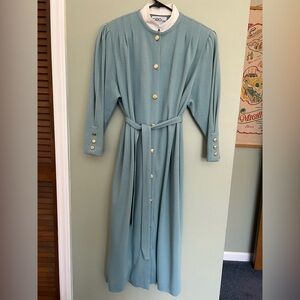Vintage 1980s Light Icy Blue Long Sleeve Front Button Up Sweater Knit Dress Belt